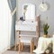 White and Natural Dressing Table with Mirror, 3 Drawers, and Padded Stool
